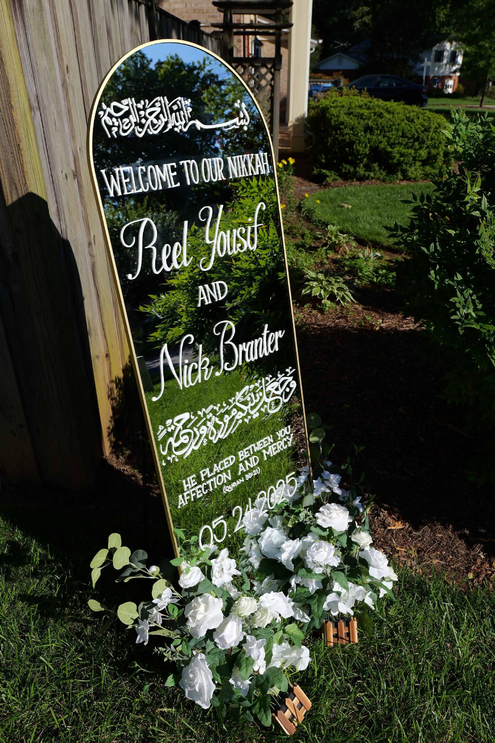 English and Arabic hand-lettered wedding mirror for Reel Yousif and Nick Branter